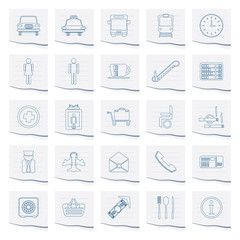 Airport, travel and transportation icons  on a piece of paper - vector icon set