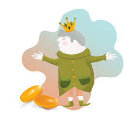 Big Win illustration in a cartoon style: Happy King gifting gold coins. Great also as cash back poster or raffle ticket template.