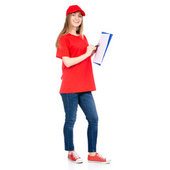 Delivery woman in red uniform isolated on white background