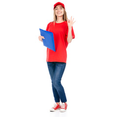 Delivery woman in red uniform isolated on white background