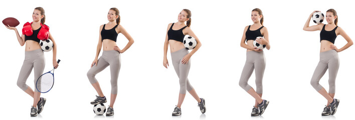Young woman with football, rugby ball, boxing gloves and tennis 