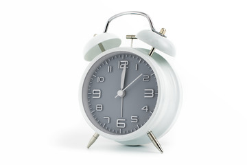 Twin bells analogue alarm clock with gray clock face shows 1 past 12, 12.01 AM PM; concept on white background