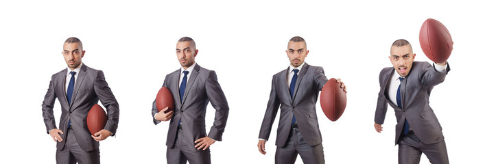 Man with american football ball isolated on white