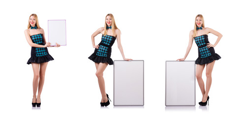 Woman with blank board on white