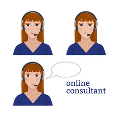 Set of call center operator avatars with diffrent emotions. African american woman with a headset. Customer support, online consultant. Client services and communication, phone assistance. Cartoon vec