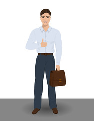 Confident man standing with briefcase on white background, full length picture. Happy smiling businessman show thumb up. Gesture "like, cool, awesome, everything OK". Vector illustration.