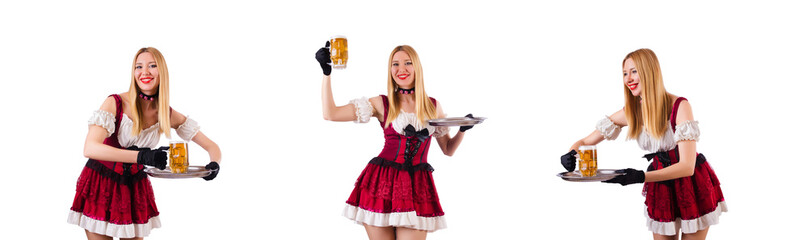 Young waitress with beer on white