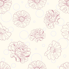 Seamless pattern with bubbles and flowers (zinnia, camomile, sunflower, daisy) for textile, bedlinen, pillow, undergarment, wallpaper, baby, childrens products. Vector illustration.