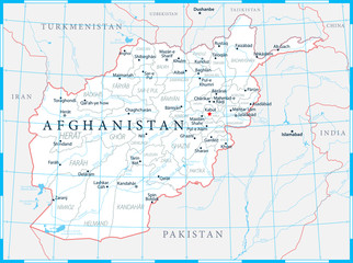 Afghanistan Map Political - Capital, Cities, Rivers and Lakes - Highly detailed vector illustration