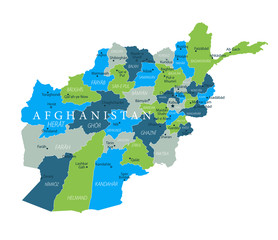 Afghanistan Map Political - Blue Green Gray Isolated on White - Highly detailed vector illustration