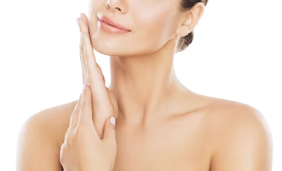 Poster Beauty Face Skin Care, Woman Moisturizing and Massaging Cheek By Hand, Isolated over White Background © inarik
