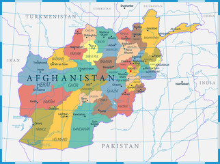 Fototapeta na wymiar Afghanistan Map Political - Capital, Cities, Rivers and Lakes - Highly detailed vector illustration