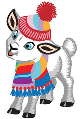 cartoon baby sheep wearing a warm knitted scarf and hat . Cute  lamb isolated on white . Vector illustration for little kids