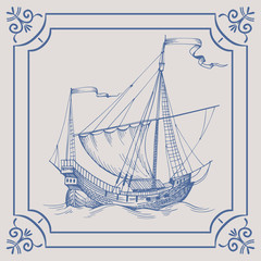 Old caravel, vintage sailboat. Hand drawn vector sketch.Detail of the old geographical maps of sea