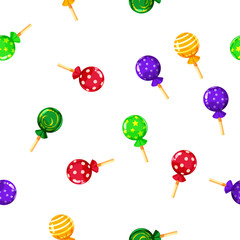Seamless pattern colored candy lollipop, caramel on stick. Cute ornament for packaging, fabric, background, banner, poster, vector, illustration, isolated, cartoon style