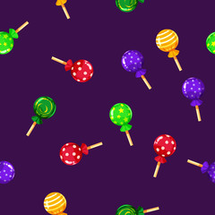 Seamless pattern colored candy lollipop, caramel on stick. Cute ornament for packaging, fabric, background, banner, poster, vector, illustration, isolated, cartoon style