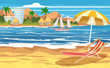 Fototapeta na wymiar Vacation, travel, relax, tropical beach, island, building hotels, bungalow, beach chair, umbrella, seascape, ocean, template, banner, for advertising, vector, illustration, isolated, cartoon style
