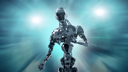 Obraz na płótnie Canvas Running cyborg, running robot render 3D