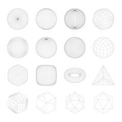 Wireframe mesh objects. Network line, HUD design sphere. Abstract 3d icons set. Isolated on white background