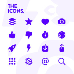 Basic icons set, vector. 48x48 Pixel Perfect. Editable Stroke. Contains such Icons as settings, camera, timer, share, download, email, rocket, finger up/down and others.