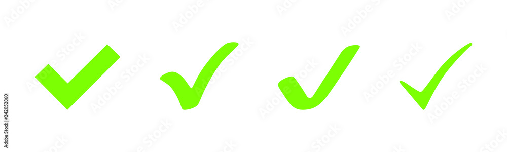Poster 4 ufo green check mark vector icons in a row. set of green check mark icons. ufo green check marks c