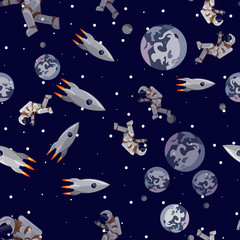 Seamless pattern Rocket and astronaut flies near the planet Earth