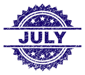 JULY stamp seal watermark with distress style. Blue vector rubber print of JULY label with unclean texture.