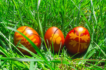 banner uova di Pasqua colorate sul prato verde