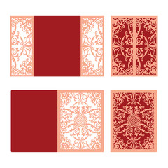 Laser cut wedding invitation card template vector. Die cut paper card with seamless pattern. Cutout paper gate fold card for laser cutting