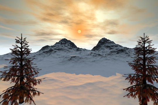 Snowy mountain, an alpine landscape, trees with  orange leaves and a beautiful sun in the sky.