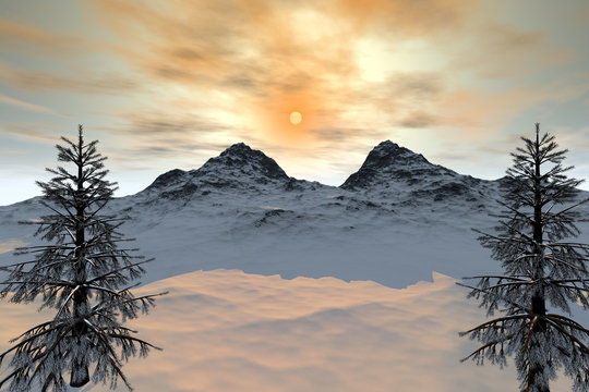 Sunset, a snowy landscape, coniferous trees, a beautiful mountain and a dream sky.