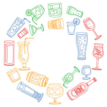 Vector set of popular cocktails for the menu. Doodle style icons.