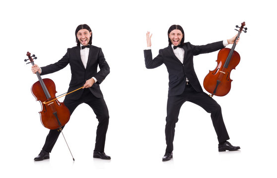 Funny man with music instrument on white