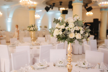 Wedding bouquet on the table in restaurant