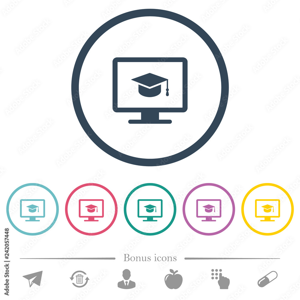 Sticker Webinar on monitor flat color icons in round outlines