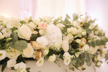 Wedding bouquet on the table in restaurant