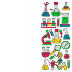 Vector set of chemistry, science icons. Pattern with laboratory equipment images.