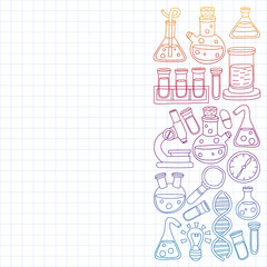 Vector set of chemistry, science icons. Pattern with laboratory equipment images.