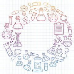 Vector set of chemistry, science icons. Pattern with laboratory equipment images.