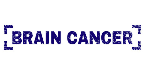 BRAIN CANCER text seal print with distress effect. Text title is placed between corners. Blue vector rubber print of BRAIN CANCER with corroded texture.
