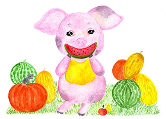 Pig. Watercolor illustration.
Happy pig with a harvest of watermelons, melons, pumpkins. Page in the calendar for the month of August.
