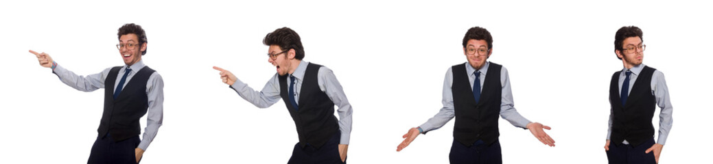 Young businessman in funny concept on white