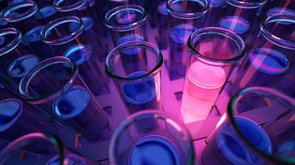 3D rendered laboratory test tubes with fluorescent red positive results in uv light