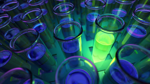 3D rendered laboratory test tubes with fluorescent green positive results in uv light