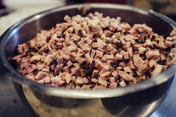 Stainless Steel Bowl with Chopped Ham - Closeup View