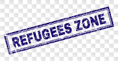 REFUGEES ZONE stamp seal print with rubber print style and double framed rectangle shape. Stamp is placed on a transparent background.