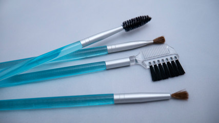 Makeup brushes on a white background. Makeup tools. Synthetic brushes.