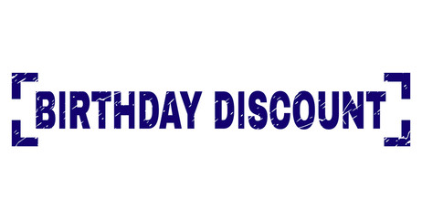 BIRTHDAY DISCOUNT label seal print with corroded texture. Text title is placed between corners. Blue vector rubber print of BIRTHDAY DISCOUNT with grunge texture.