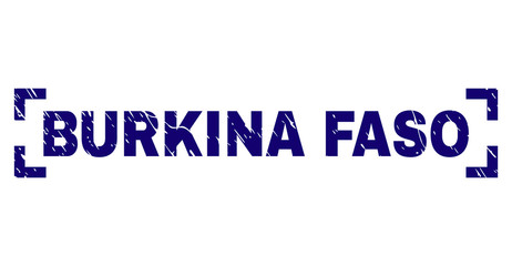 BURKINA FASO tag seal print with grunge texture. Text caption is placed between corners. Blue vector rubber print of BURKINA FASO with unclean texture.