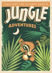 Jungle adventures retro poster design with wild animal and jungle trees.